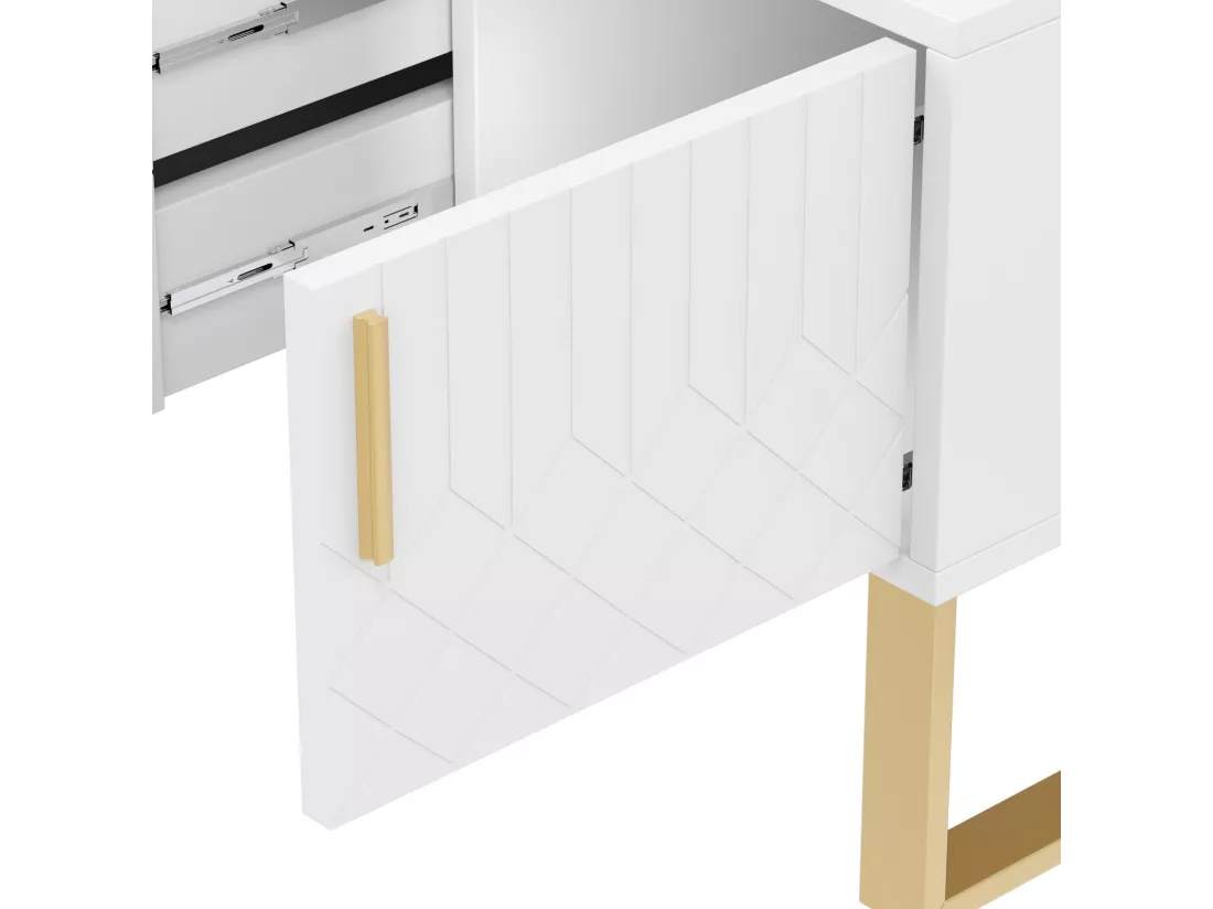 Table basse brillante 2 portes et 2 tiroirs, panneaux de particules, 100x50x45cm, Blanc