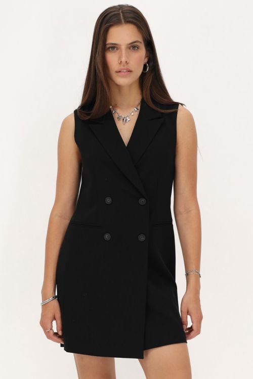 Zwarte mouwloze blazer jurk met reverskraag