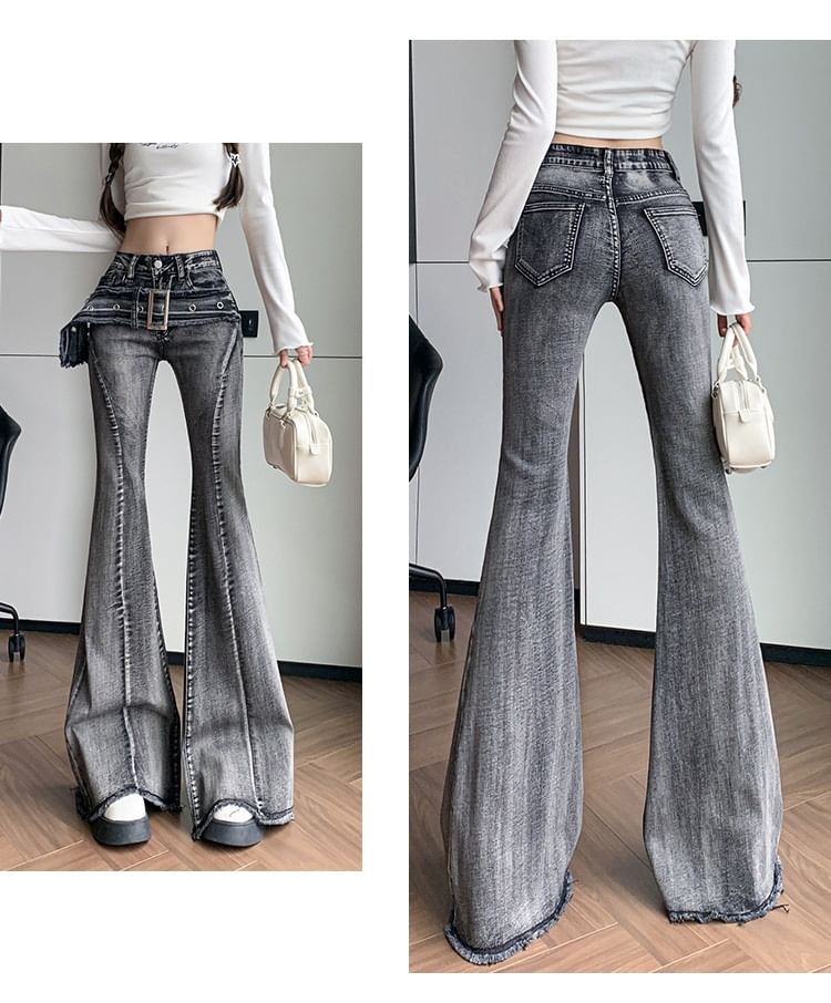 Klevy - Mid Waist Washed Rafled Belted Bell Bottom Jeans