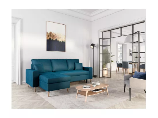 Canapé d'angle Maria scandinave réversible et convertible avec coffre en velours - Bleu pétrole - L227 x 148 x 95cm - Loungitude