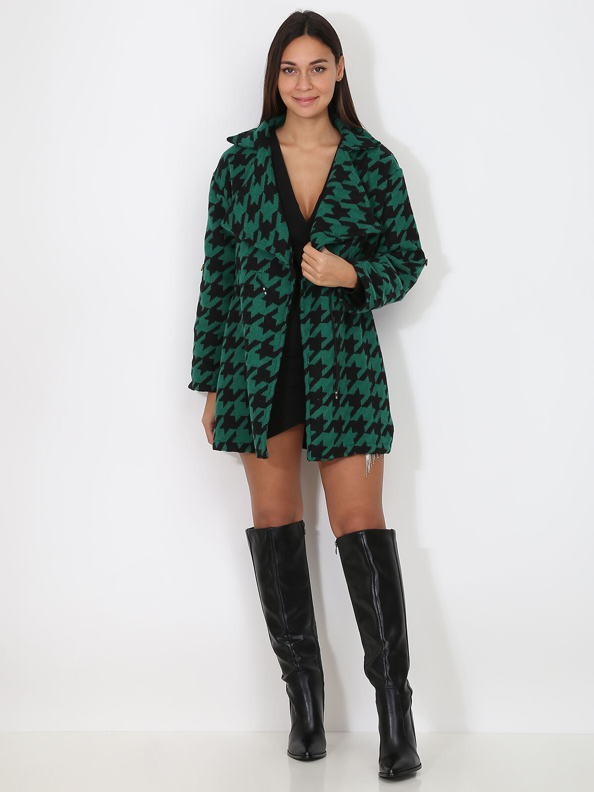 Manteau court à motif pied-de-poule- Noir / Vert