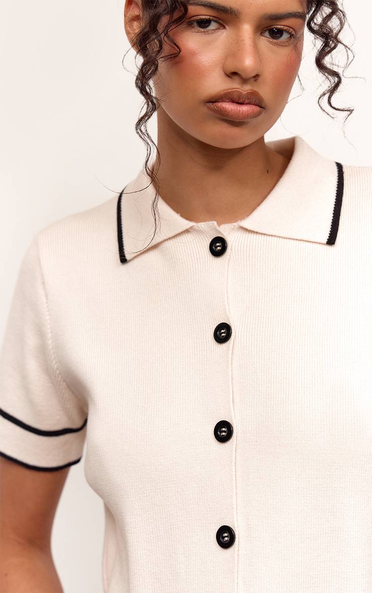 Crème Polo Tricoté Boxy À Passepoil Contrastant En Maille Compacte