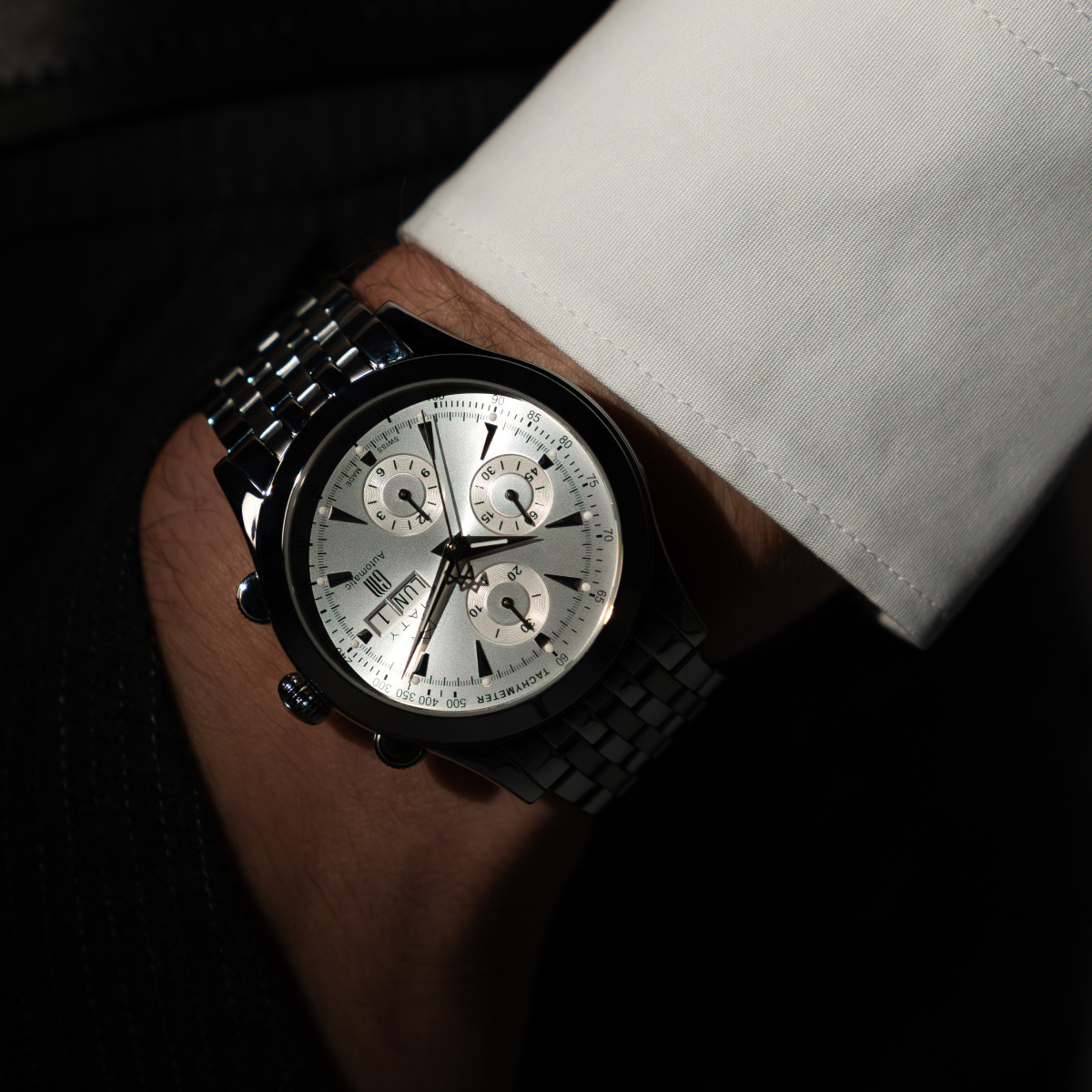 Montre MATY GM automatique chronographe cadran gris bracelet acier
