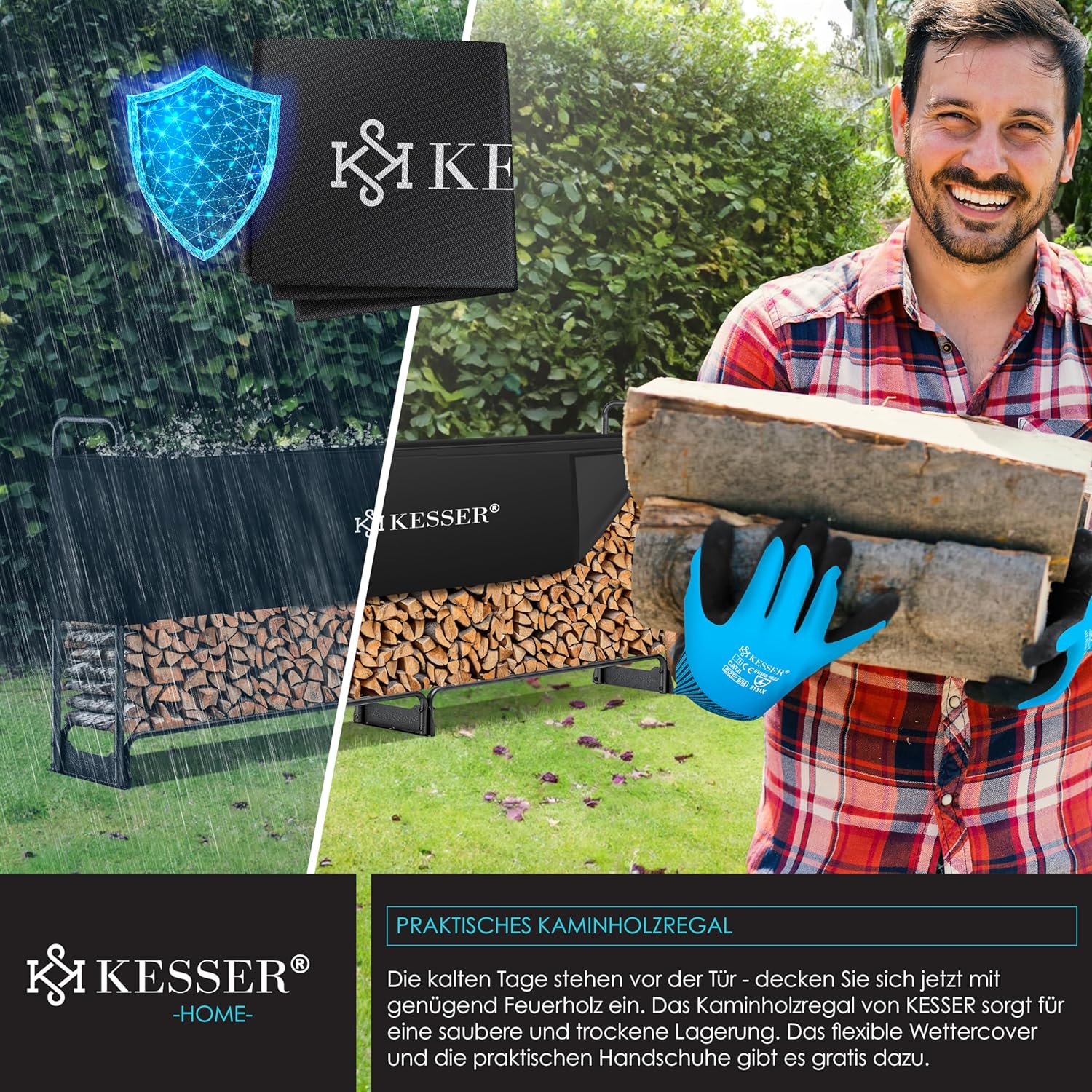 KESSER® Kaminholzregal Metall 260x36x117cm Brennholzregal außen Stahlrahmen + Abdeckung & Handschuhe Kaminholzunterstand 300kg Wasserdichter Holzlager Holzstapelhilfe für Garten Terrasse