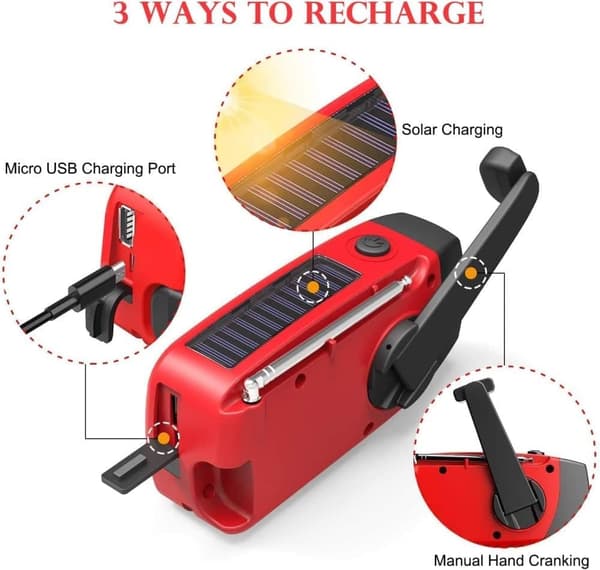 Veivradio med solceller, lommelykt og 2000mAh Powerbank SOS