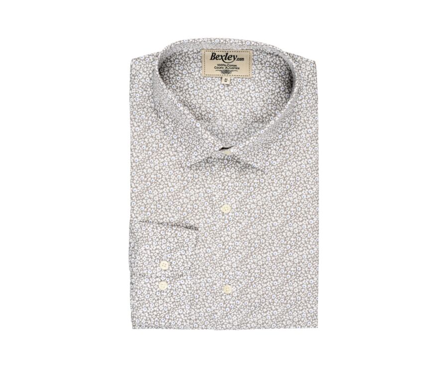 Chemise coton taupe imprimée motifs blancs et bleus - EDALBERT