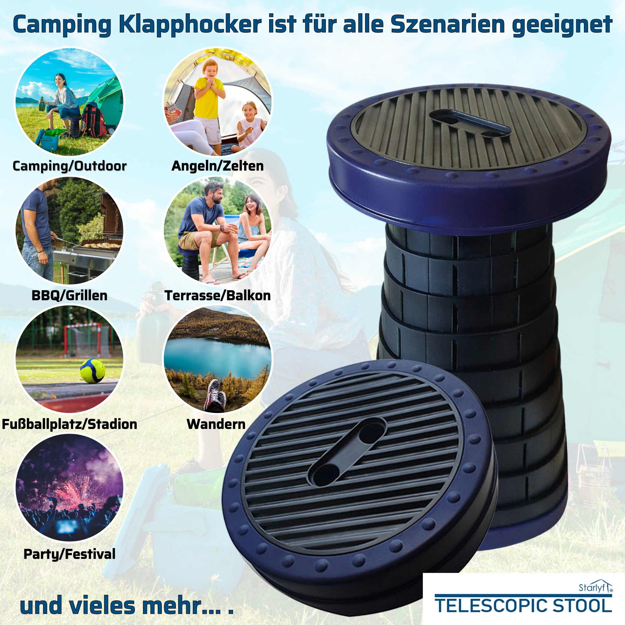 Starlyf® Klappstuhl tragbar - Hocker ausziehbar - Campingstuhl klein Telescopic Stool