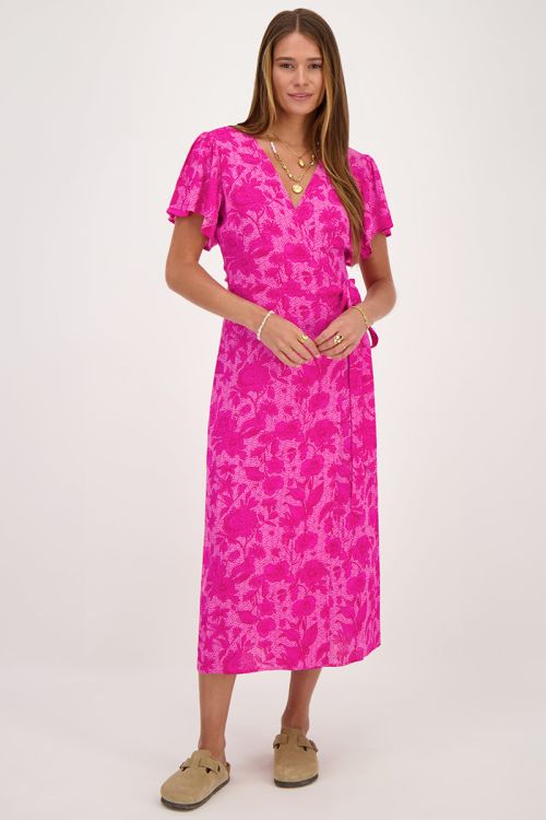Roze midi wikkeljurk met bloemenprint