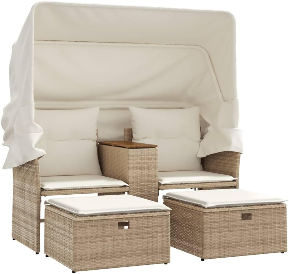 vidaXL Gartensofa 2-Sitzer, Outdoor Sofa mit Sonnendach, Terrassensofa mit Hockern, Gartenmöbel Sofagarnitur Gartengarnitur, Beige Poly Rattan