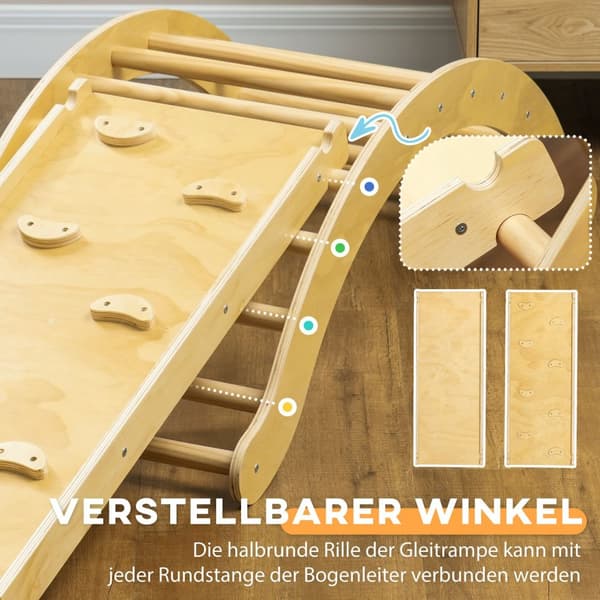 4 i 1 klatrestativ sett med sklie, klatretrekant for skli og klatring, klatreleketøy, for barn 1,5-4 år, innendørs, naturlig tre