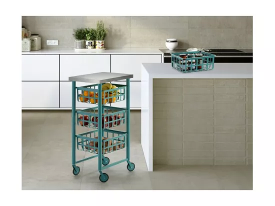 Chariot de cuisine à roulettes, Plan de travail en inox - Turquoise, Inox - 85*45*32 cm - FIFTY FIFTY