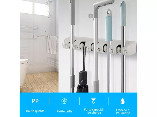 Porte Balais Mural avec 5 Emplacements et 6 Crochets/Support Balais Mural pour Salle de Bain, Cuisine ou Garage-Blanc