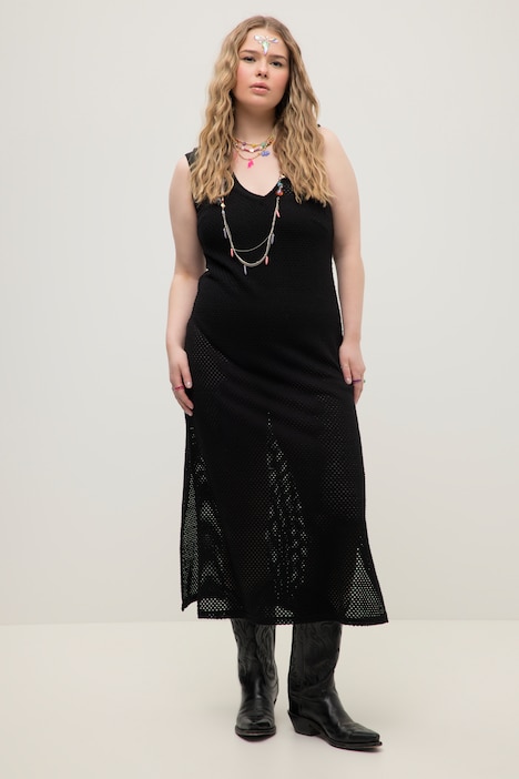 Netzkleid, Midilänge, Loose Fit, V-Ausschnitt, ärmellos