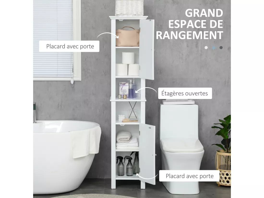Meuble colonne de salle de bain 2 portes 2 étagères 2 niches - dim. 35L x 30l x 158H cm - MDF blanc