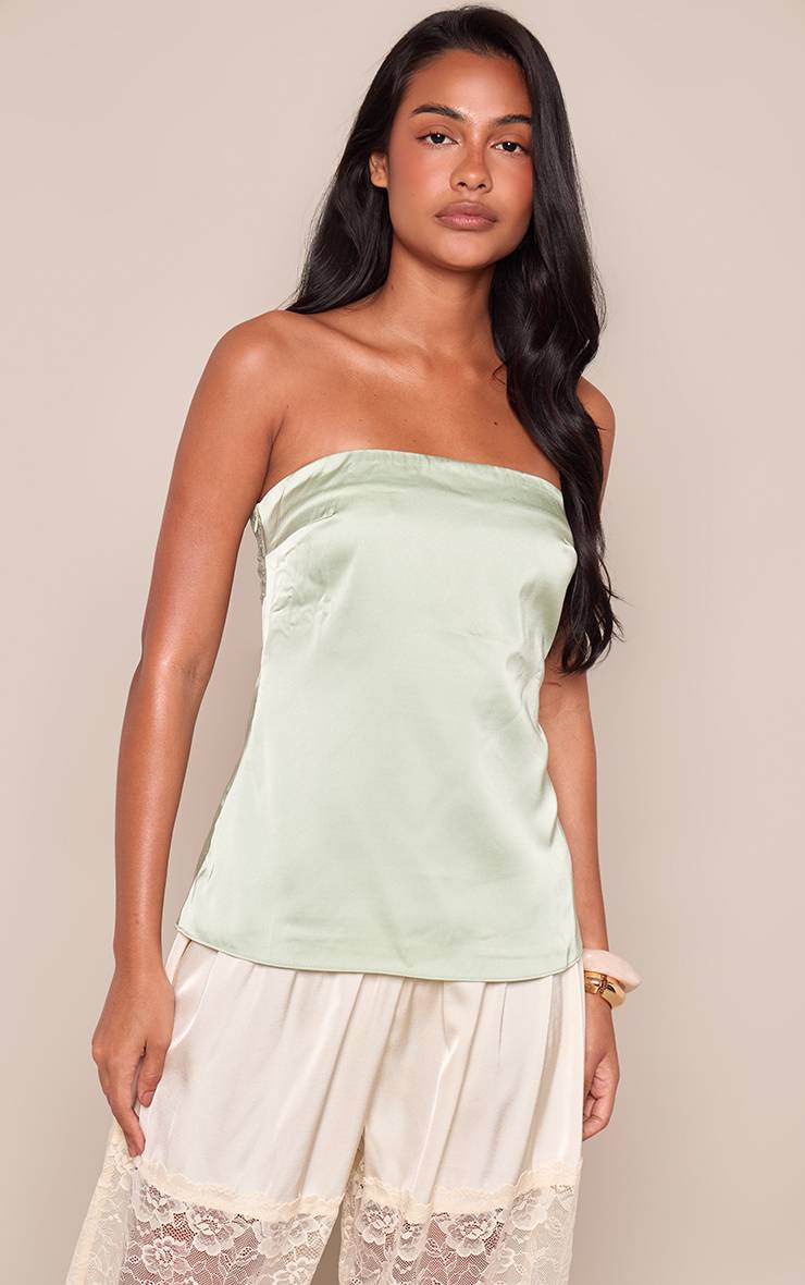 Vert Sauge Bandeau En Satin Avec Détail En Dentelle Au Dos