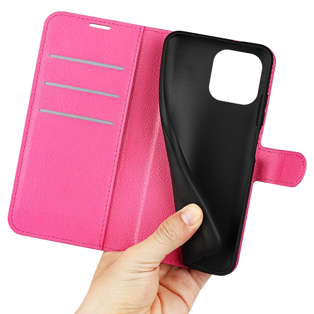 iPhone 14 Pro Leder Tasche Flip Cover Litchi Look - Pink