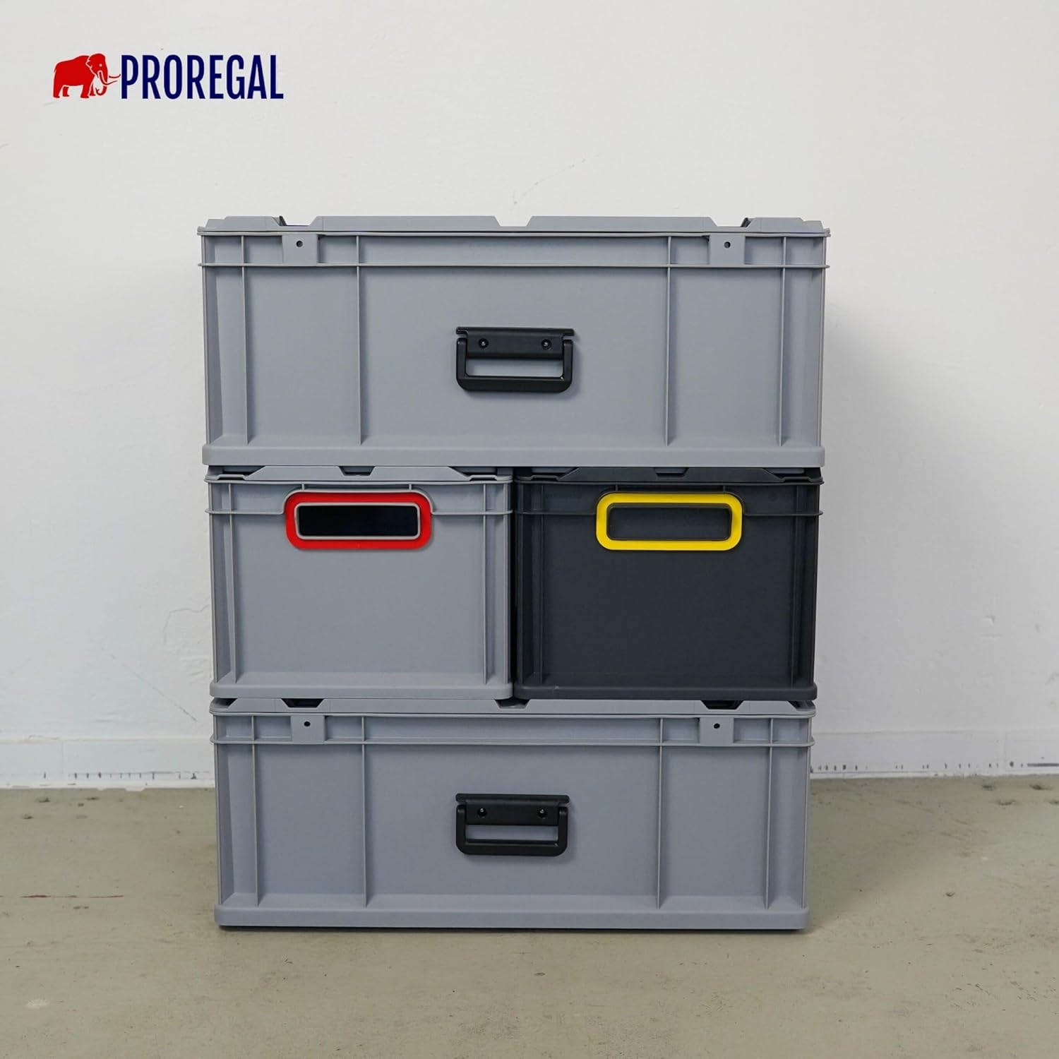 PROREGAL SuperSparSet 4x Eurobox NextGen Color mit Auflagedeckel & Schiebeschnappverschlüsse, HxBxT 22x40x60cm, 44L, Griffe rot geschlossen, Verstärkter Boden, Eurobehälter Transportbox