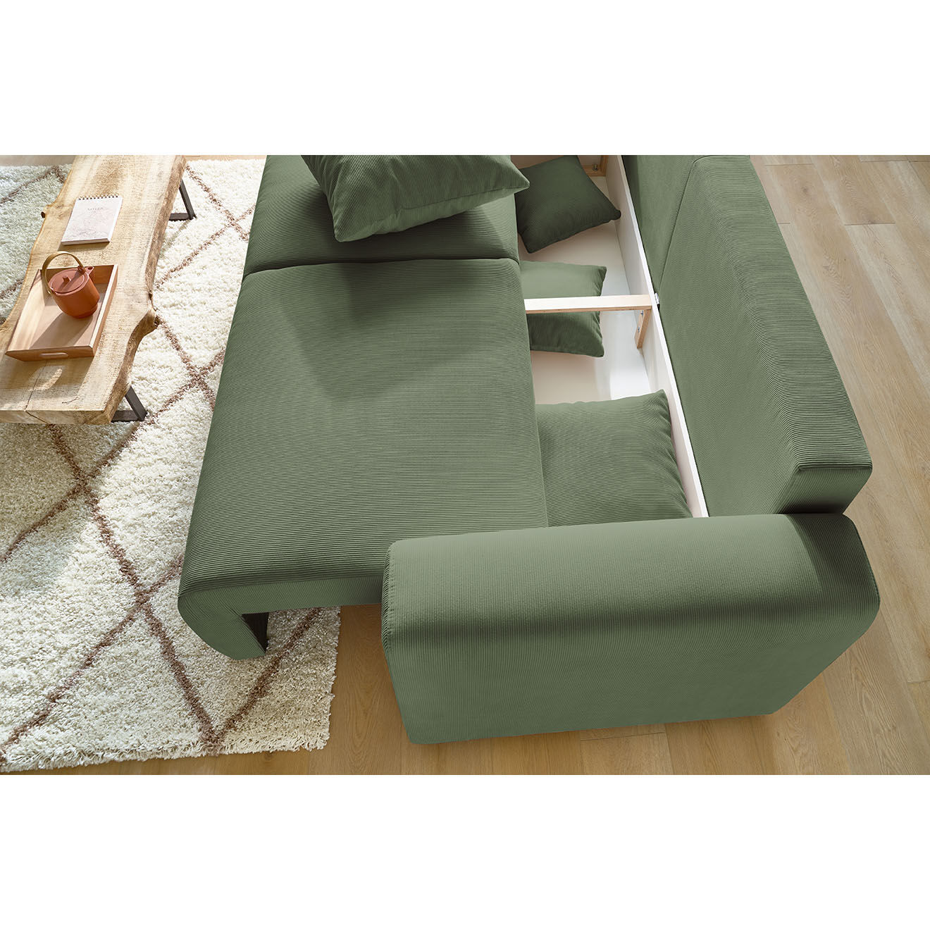 Bobochic Canapé 3 places velours côtelé convertible coffre Envy vert - 245x102x88 cm