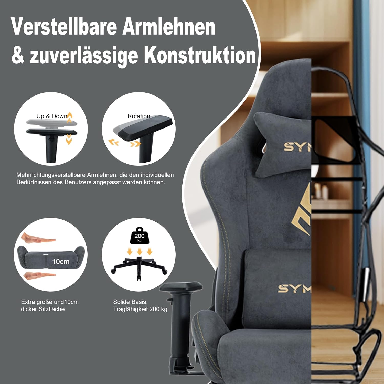 Symino Gaming Stuhl, Atmungsaktiver Bürostuhl aus Hochwertigem Stoff, So Weich Wie Pelz, Ergonomischer PC-Stuhl, Verstellbarer und Drehbarer Schreibtischstuhl mit Fußstütze, Grau