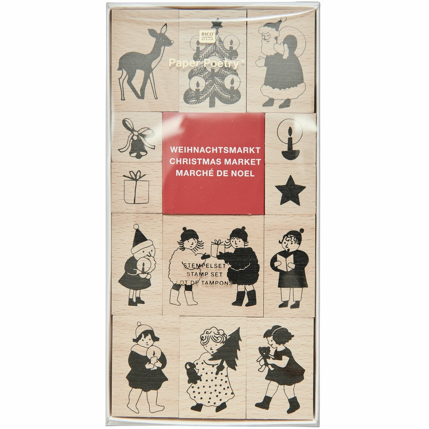 (14-tlg. Set) Weihnachts Holz Stempel Kit DIY Karten / Brief Deko Christmas Stempel inkl. Stempelkissen (302359) - Weihnachtsmarkt