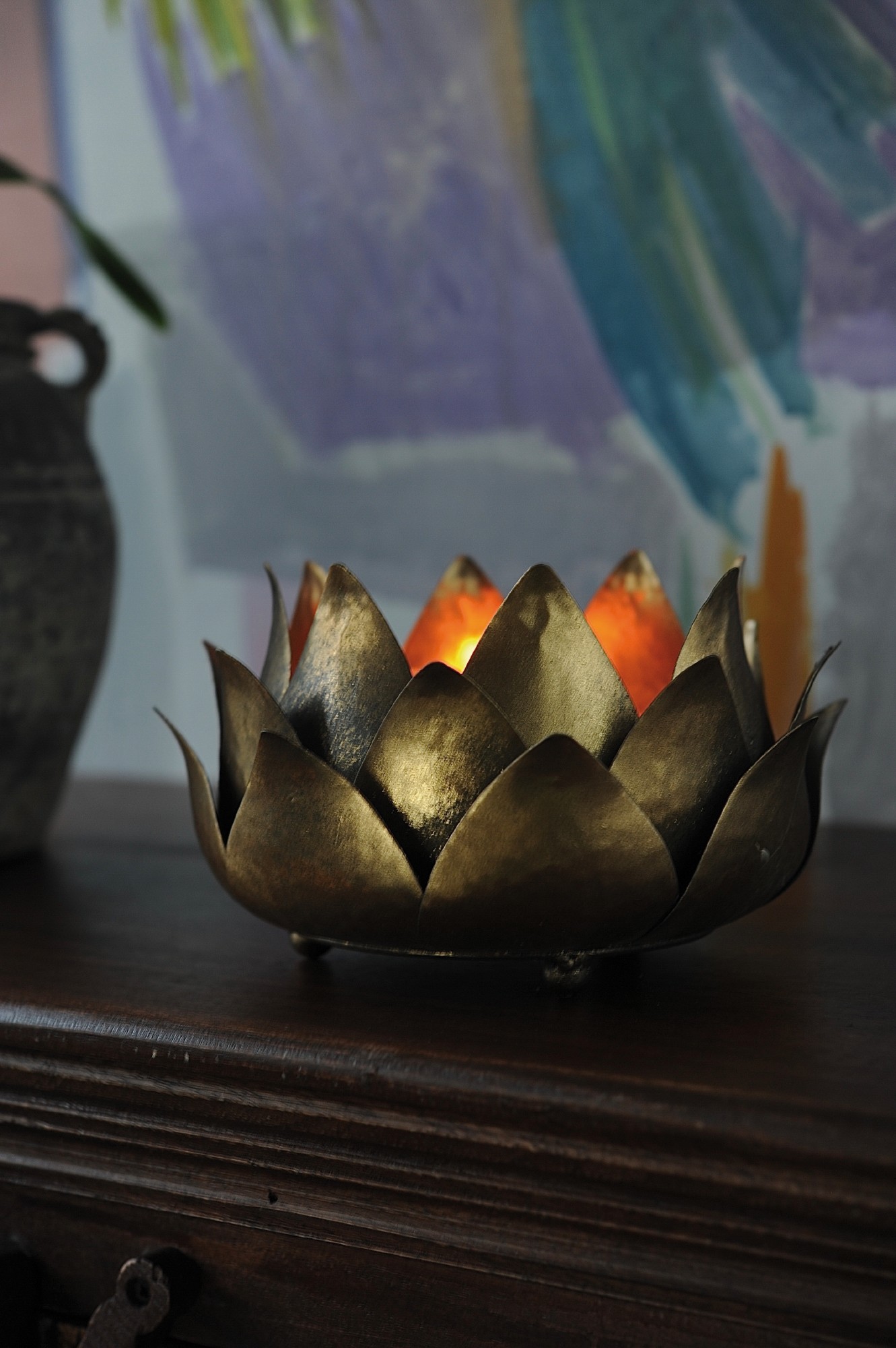 Windlicht 'Lotus', antik gold, Ø 24,5 cm, H 13 cm von fischer's lagerhaus