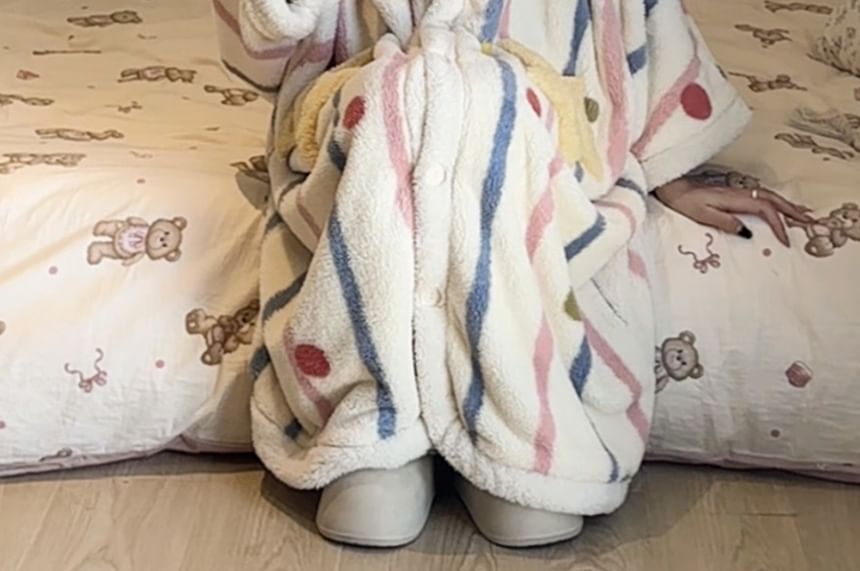 GOUB - Gestreepte gestippelde capuchon met pompons en koraalfleece knopen