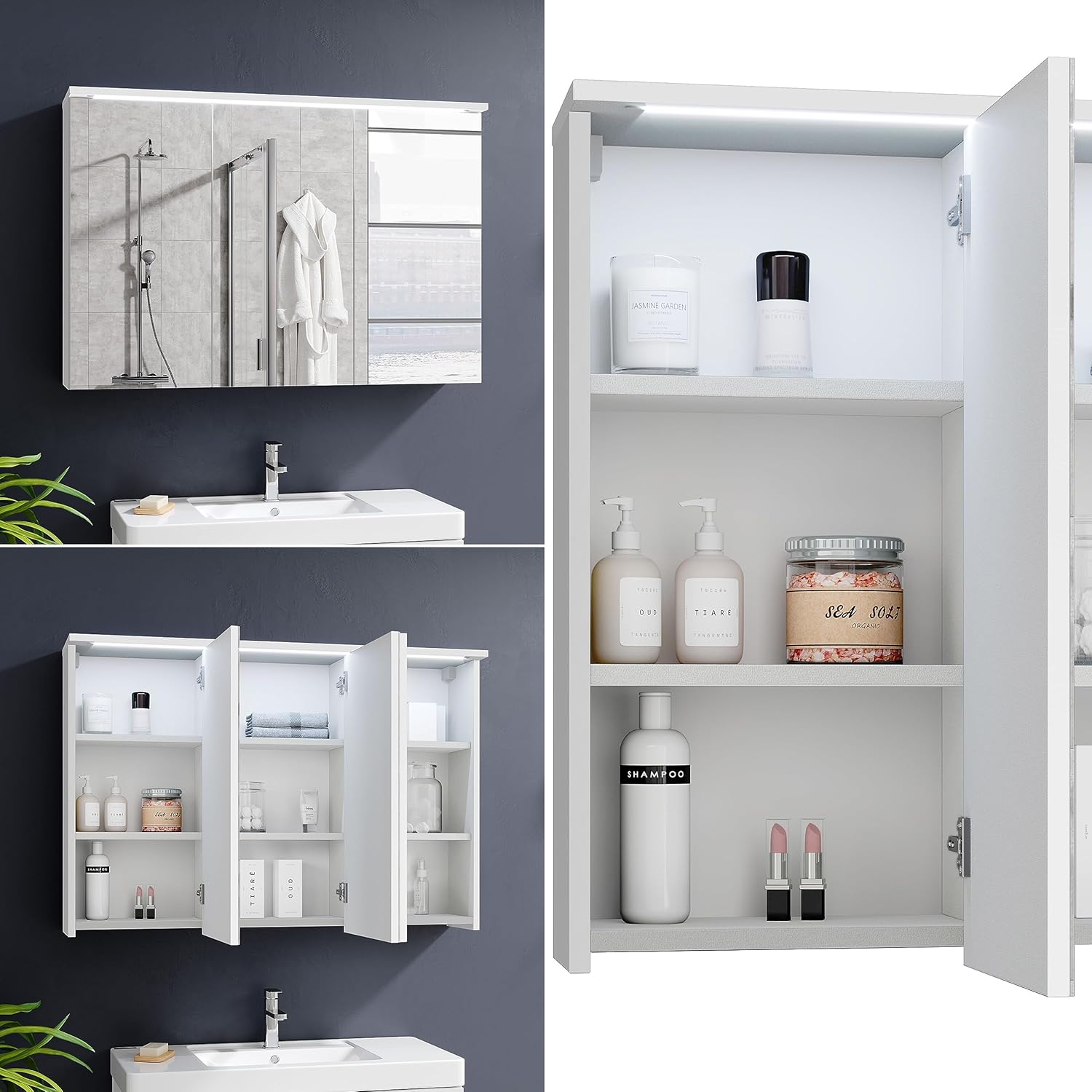 Stella Trading TWO Spiegelschrank Bad mit LED-Beleuchtung in Weiß - Badezimmerspiegel Schrank mit viel Stauraum - 100 x 68 x 22,5 cm (B/H/T)