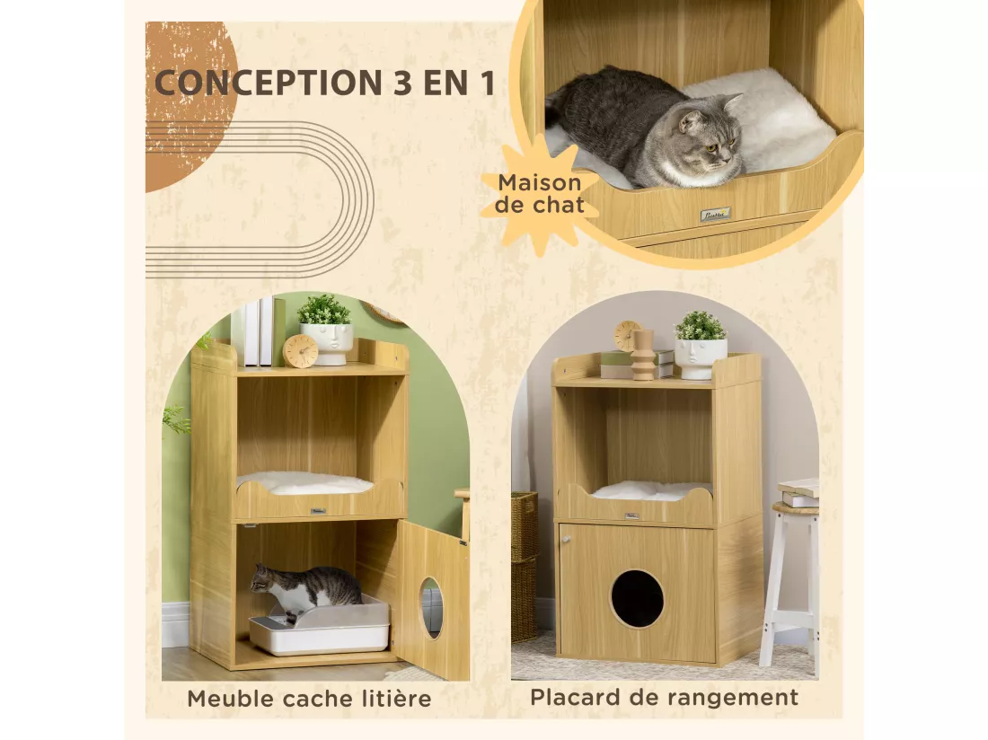 Maison de toilette chat - porte, niche avec coussin, plateau - panneaux aspect bois clair