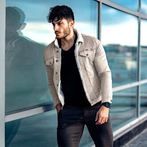 Veste Jean Super Skinny Fit Col Mouton 7001 Beige Clair