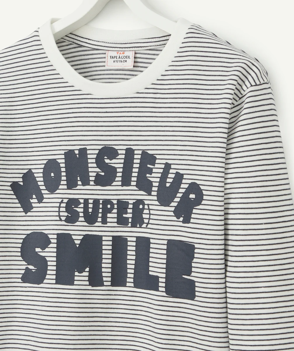 T-SHIRT GARÇON EN COTON BIO RAYÉ AVEC MESSAGE SMILE