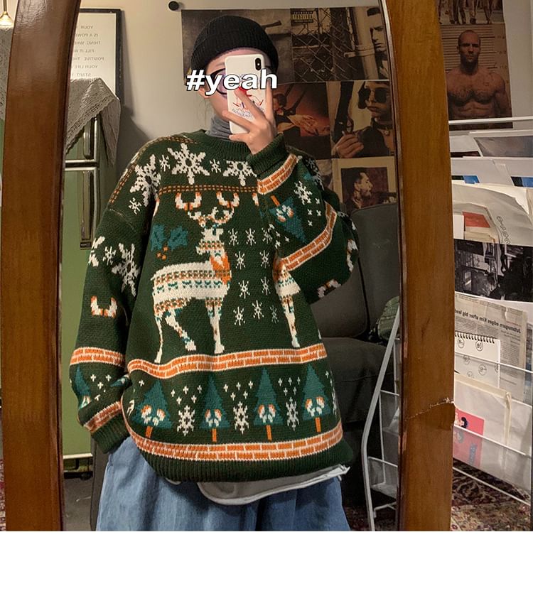 Dubbelwit - Unisex lange mouwen hertenprint losse kersttrui