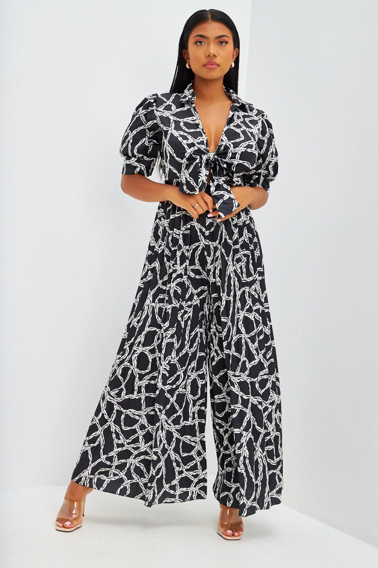 Combi-pantalon satinée à motifs cordes noir