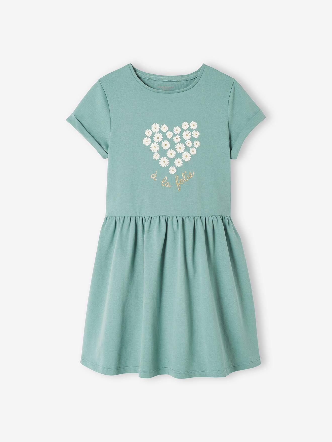 Conjunto de duas peças: vestido e leggings com detalhes iridescentes, para meninas na cor verde esmeralda.