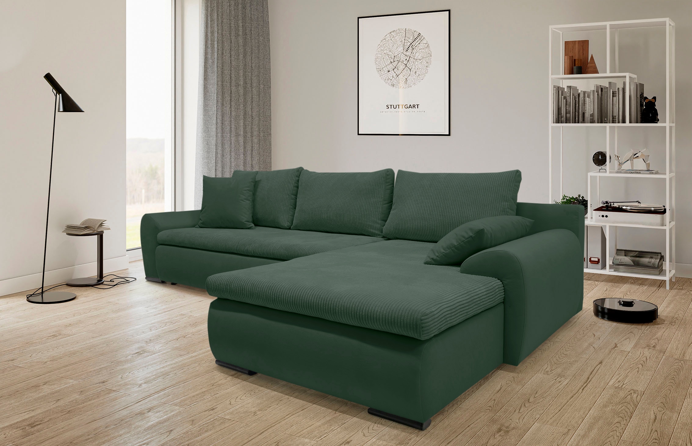 Home affaire Ecksofa »Win, L-Form,  Breite 285cm« optional mit Schlaffunktion und Bettkasten, dunkelgrün, Cord