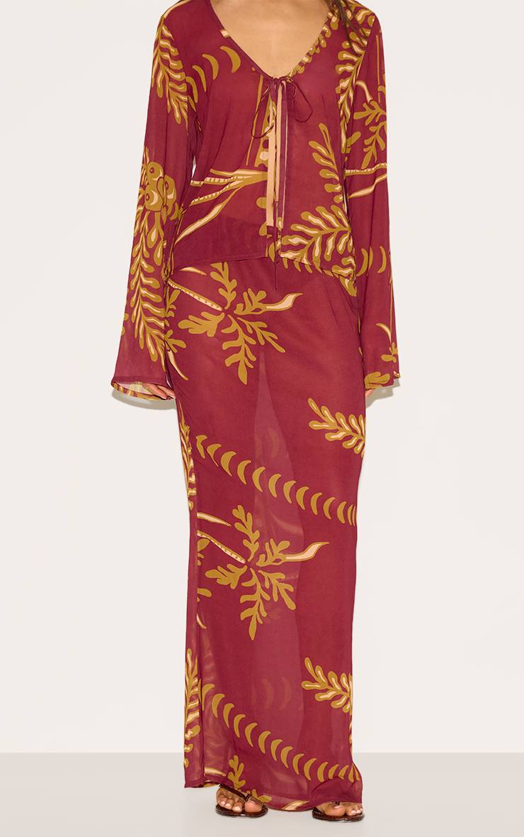 Marron Jupe Longue Maxi Transparente À Fleurs Avec Liens Sur Les Côtés