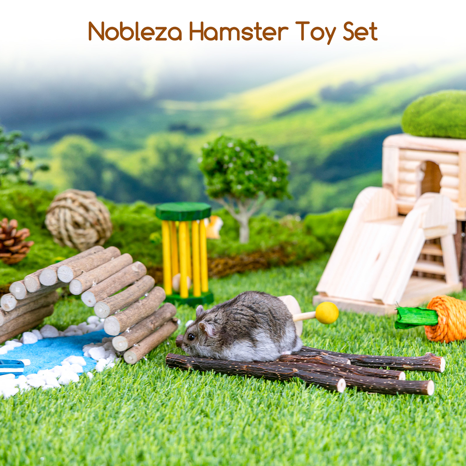 Nobleza Conjunto de 8 Brinquedos para Hamster, Brinquedos de Madeira para Roer, Brinquedos para Arremessar e Jogar para Coelhos, Chinchilas, Hamsters e Porquinhos-da-Índia