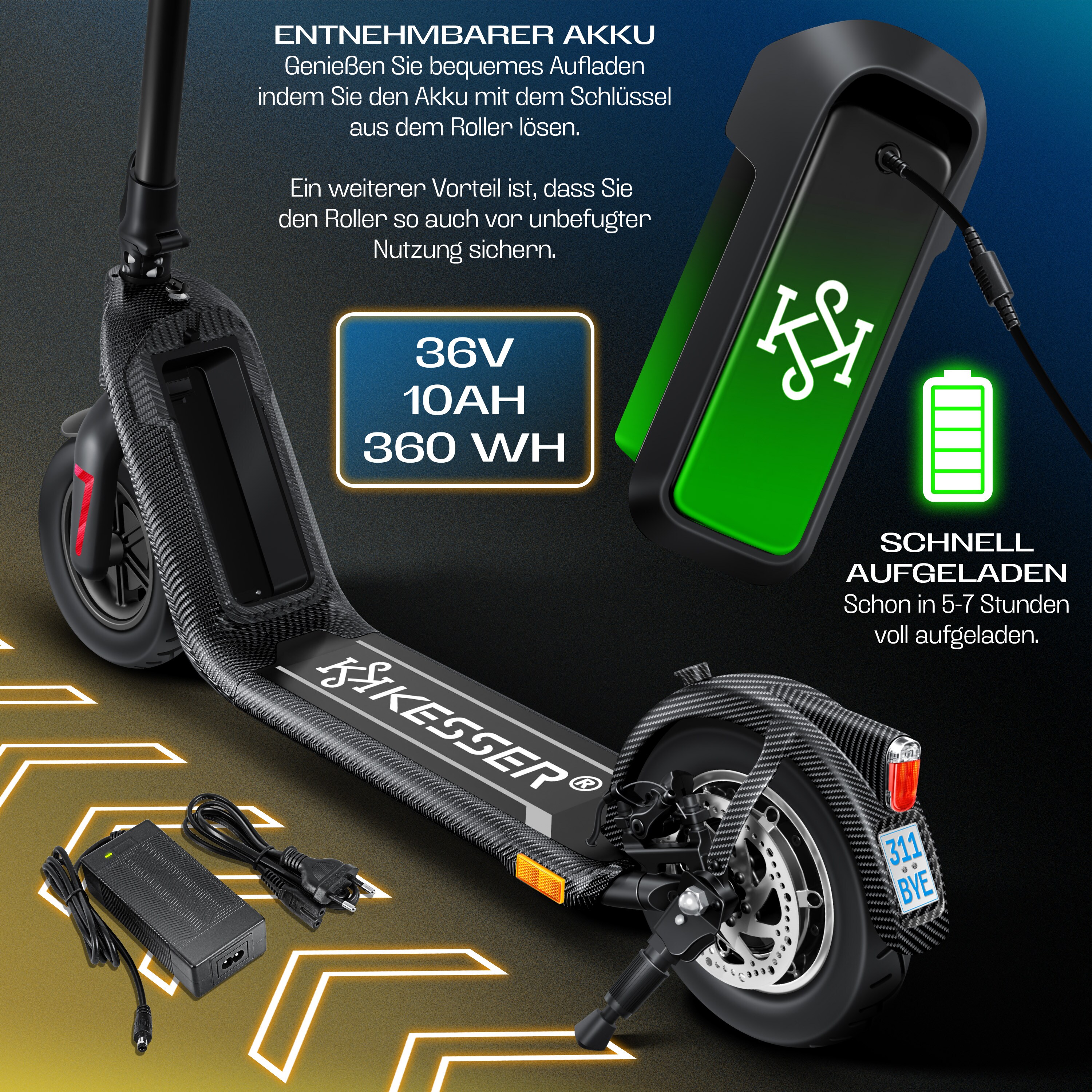 KESSER® E-Scooter mit Straßenzulassung 40km Reichweite Faltbarer Elektro 36V / 10 Ah Batterie Roller Belastung bis 120kg 450W Motor 10