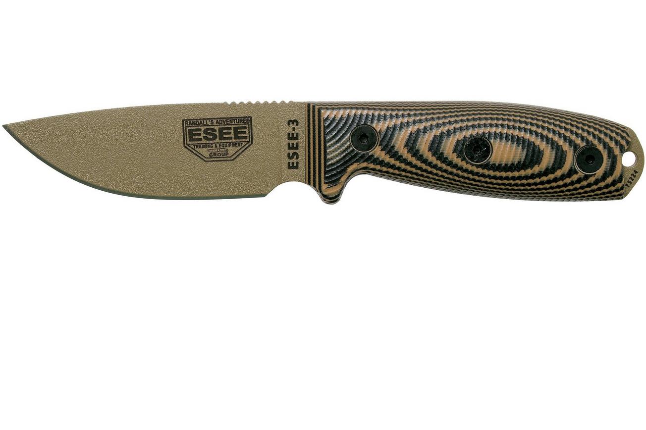 ESEE Model 3 Dark Earth Blade 3D Coyote-Black G10 survivalmes 3PMDE-005 zwarte schede   riemclip