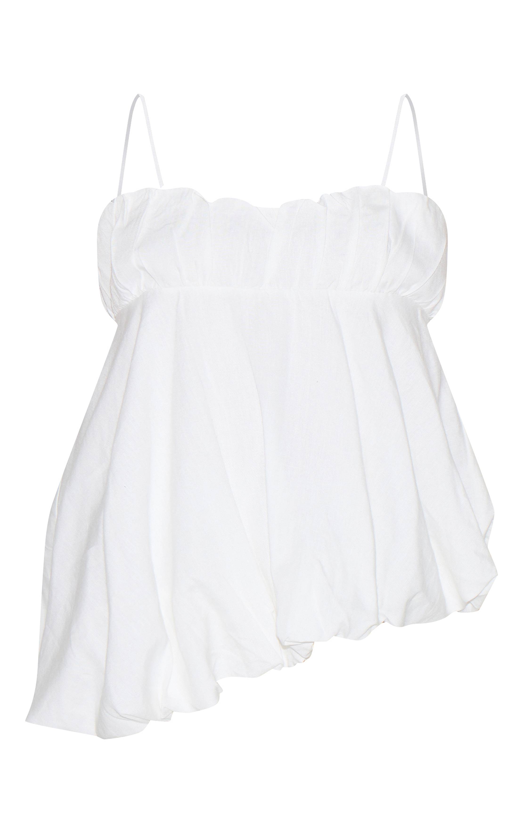 Blanc Caraco Asymétrique En Mélange De Lin Avec Détails Bouffants