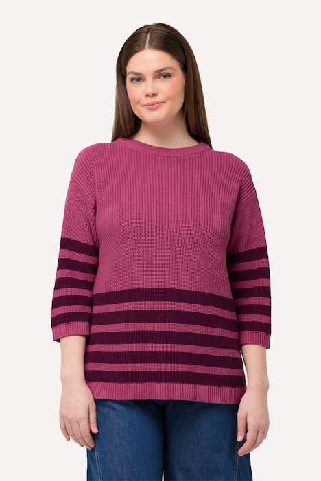 Pullover, Streifen, Boxy, Rundhals, 3/4-Arm, Biobaumwolle