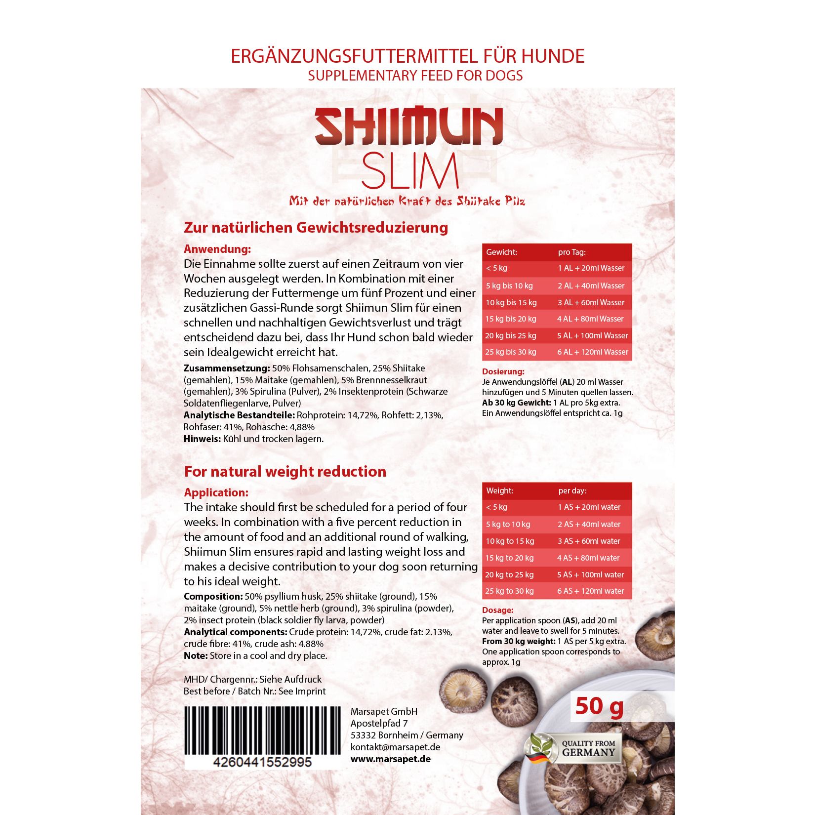 Nahrungsergänzungs für Hunde mit Shiitake - Shiimun Slim