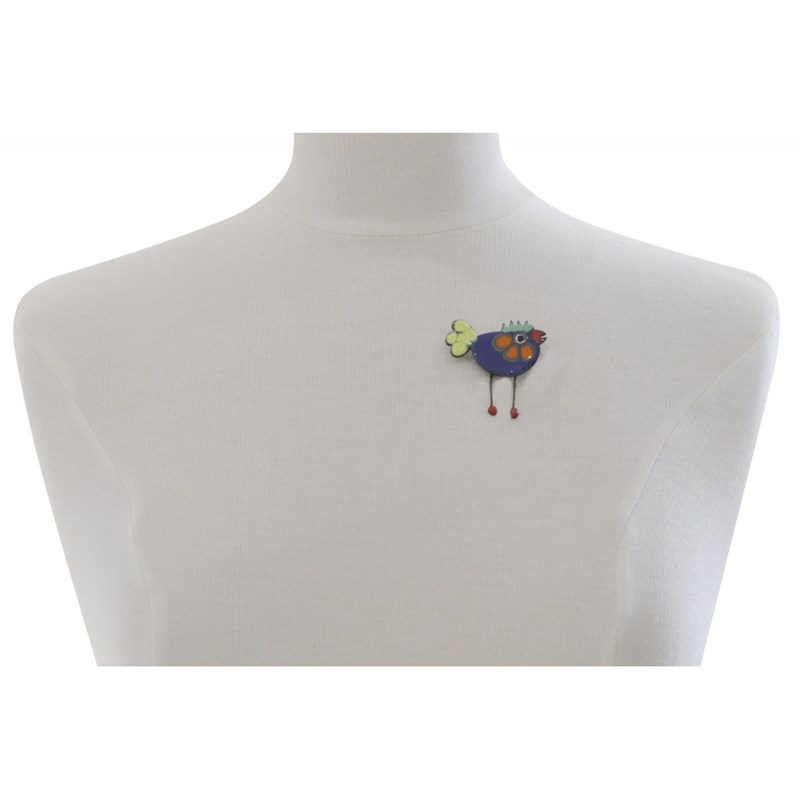 Broche Poule Émaillée Bleue Queue à Pois