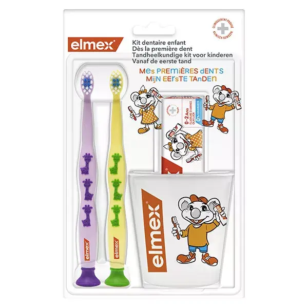 Kit dental infantil Elmex: 2 escovas de dente + 1 pasta de dente + 1 copo grátis