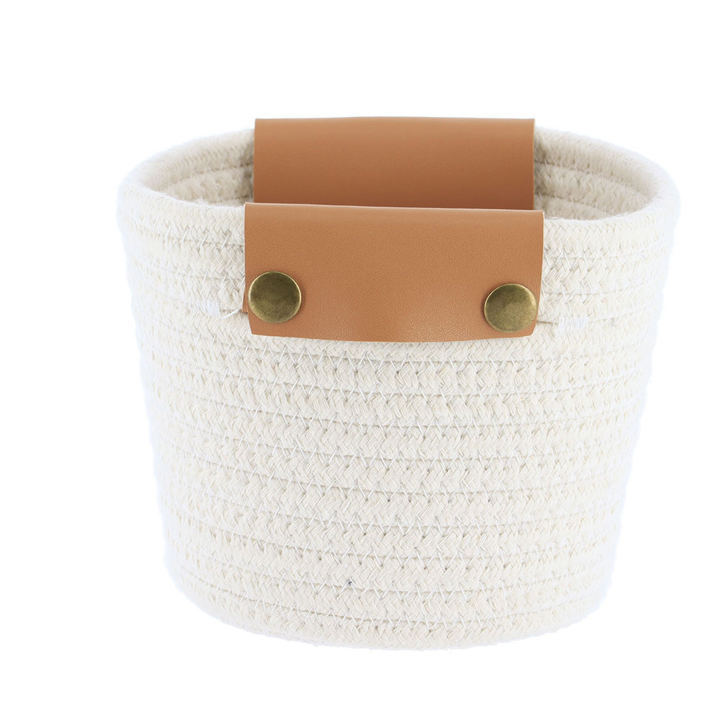 Panier coton blanc poignée marron 19x16cm