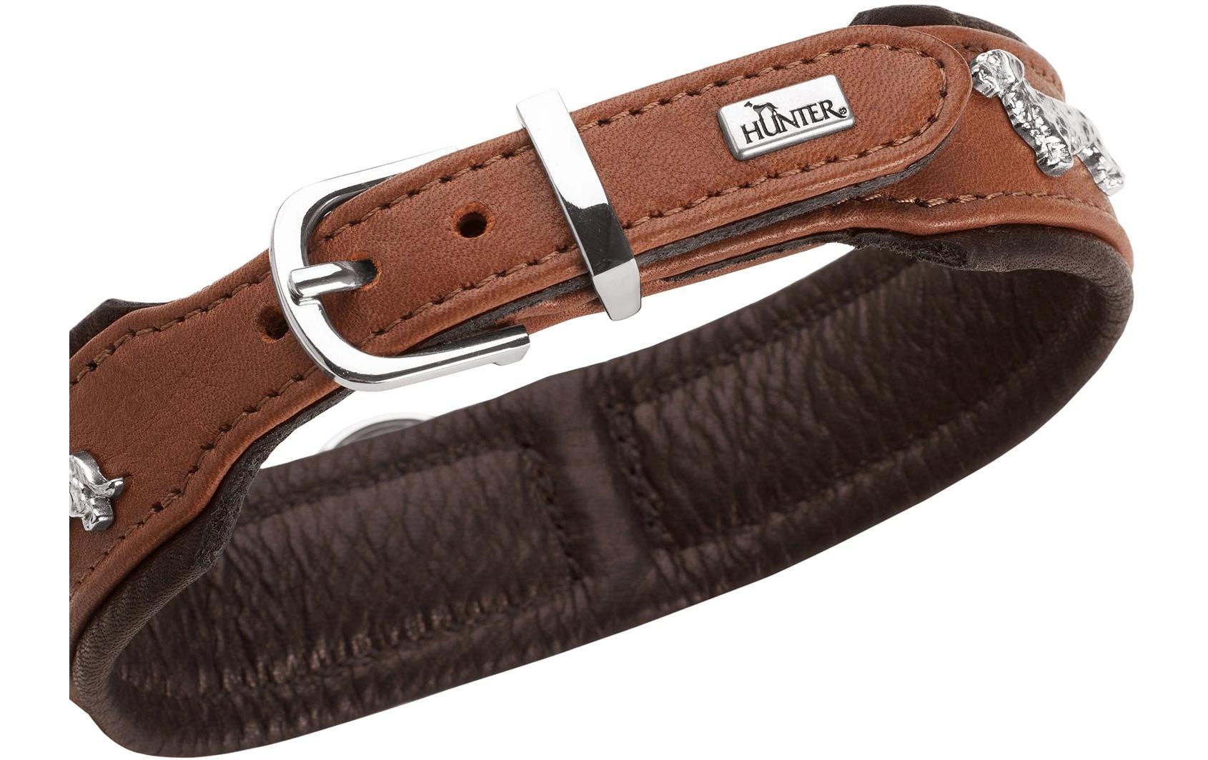 Teckel-Halsband München 37/XS-S, Rindsleder, Cognac/SchwarzKlassisches Halsband für Hunde mit auffälligen Dackel-Besätzen