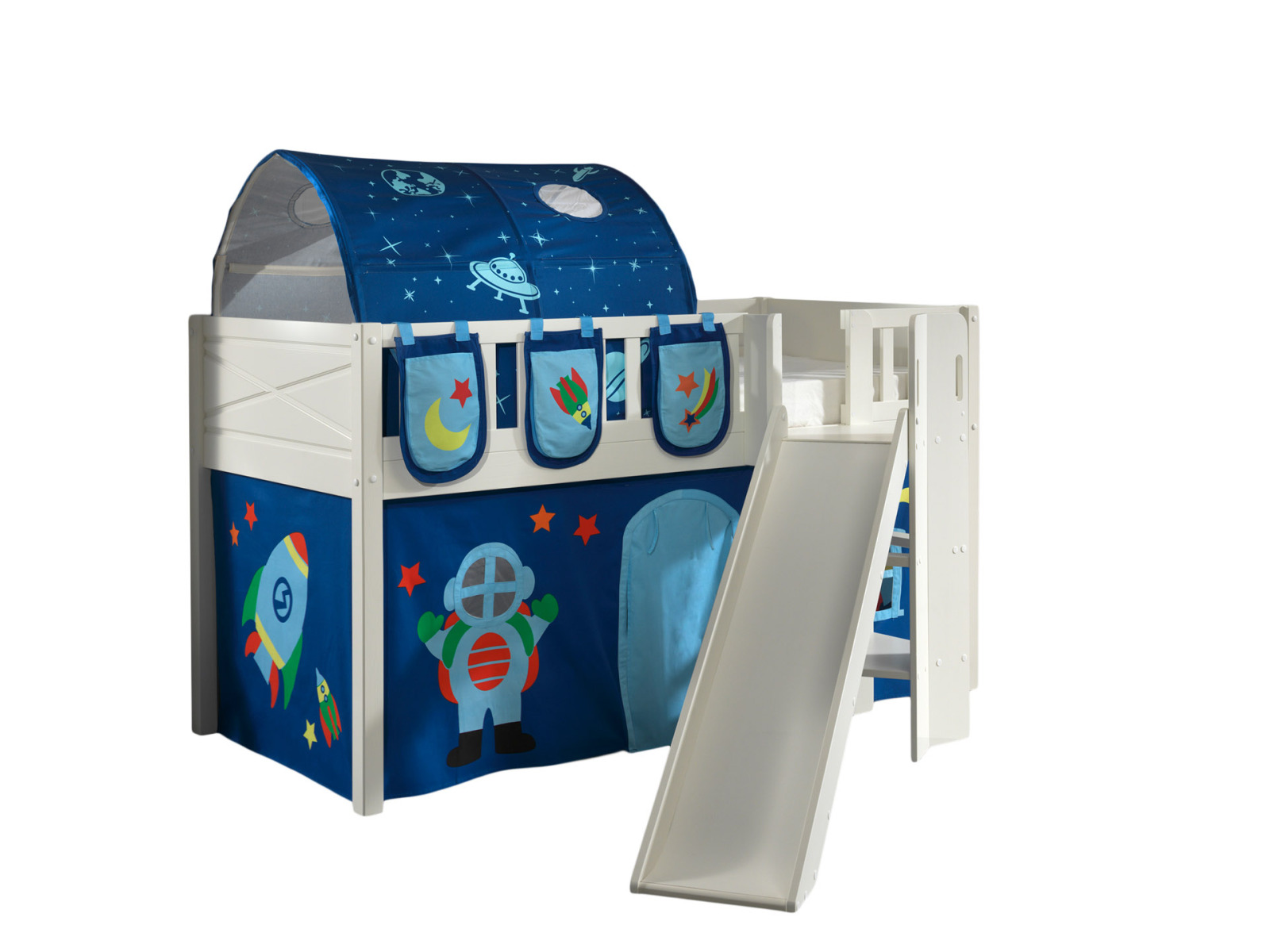 Spielbett SCOTT - weiß - Astro - mit Rutsche - Vorhang, Leiter, Tunnel und Taschen - 90x200 cm