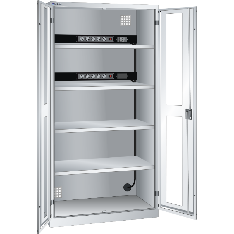 LISTA - Armoire charge batterie H 195 x L 100 x P 58 cm - 2 rampes électrique avec 5 prises (230V) sur la paroi arrière, FI/LS