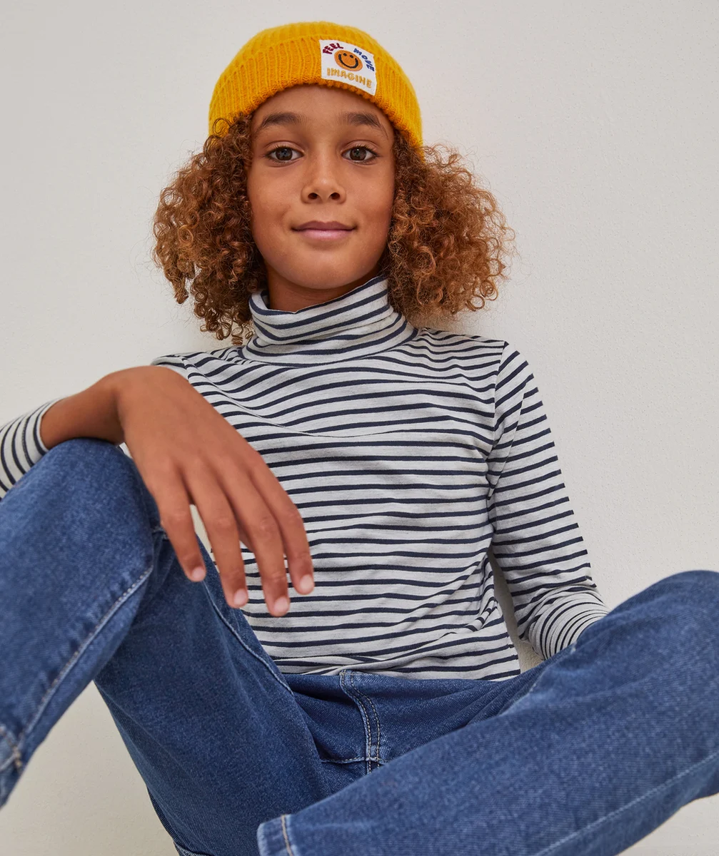 SOUS-PULL MANCHES LONGUES GARÇON EN COTON BIOLOGIQUE À RAYURES GRIS ET BLEU