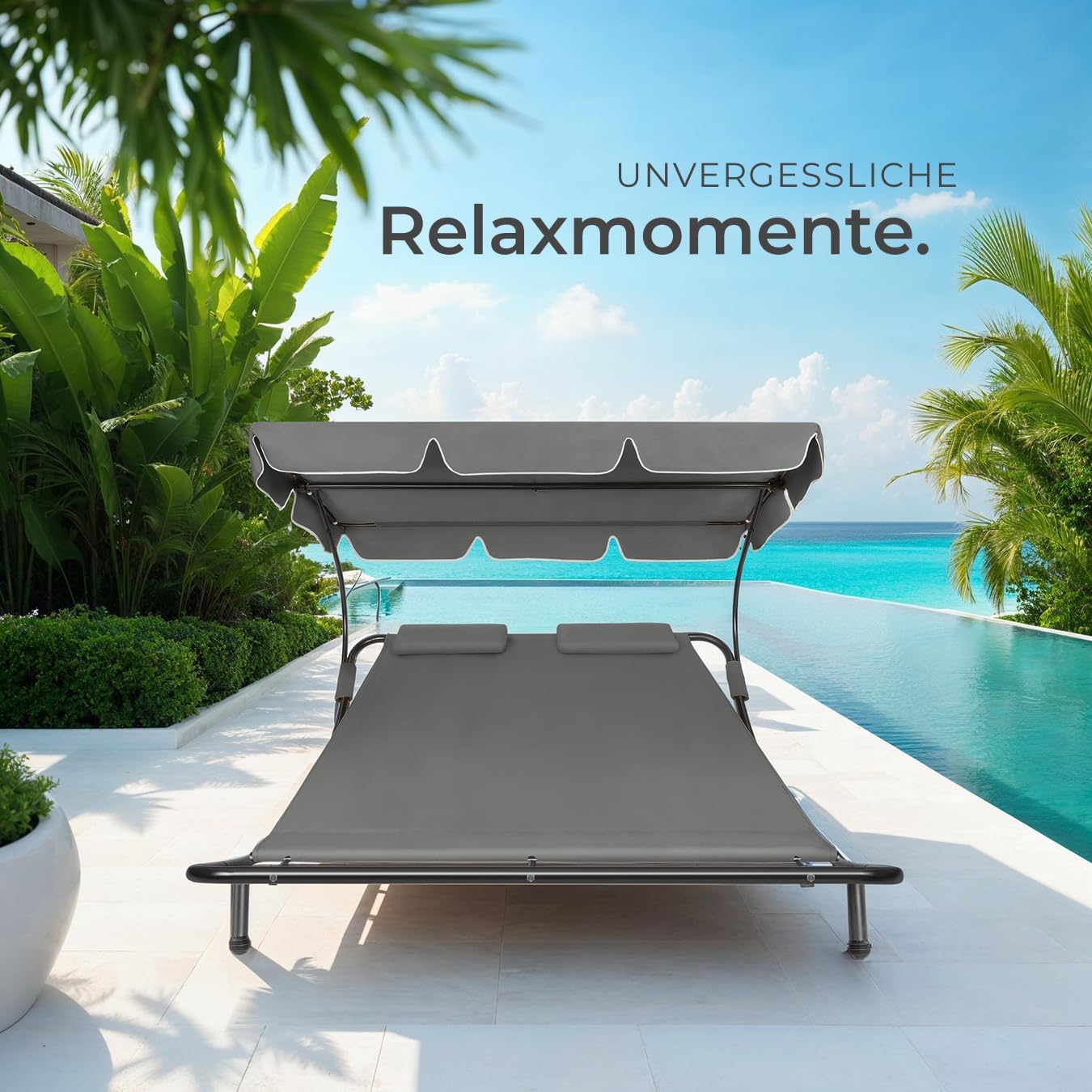 tectake Sonnenliege, Doppelliege, Outdoor Liege für 2 Personen, Gartenliege mit Sonnendach, Relaxliege, Sonnenliege mit Dach, inkl. 2 Kissen, ideal für Garten oder Balkon - schwarz/grau