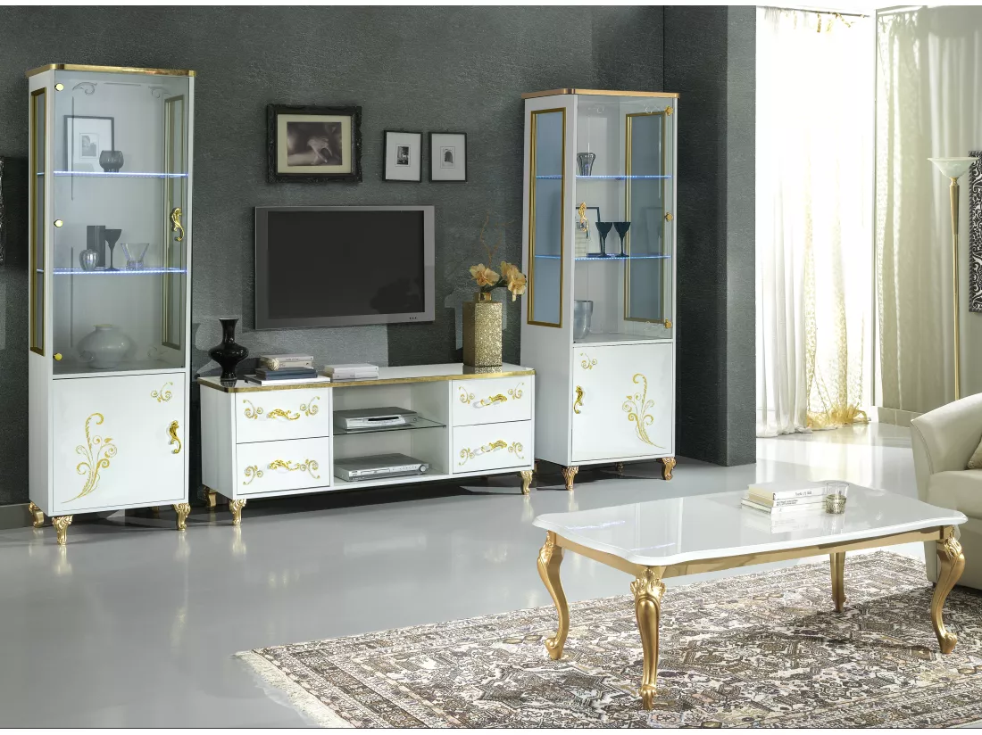 Vitrine à LED 2 portes bois vernis brillant blanc et doré Jade 60cm